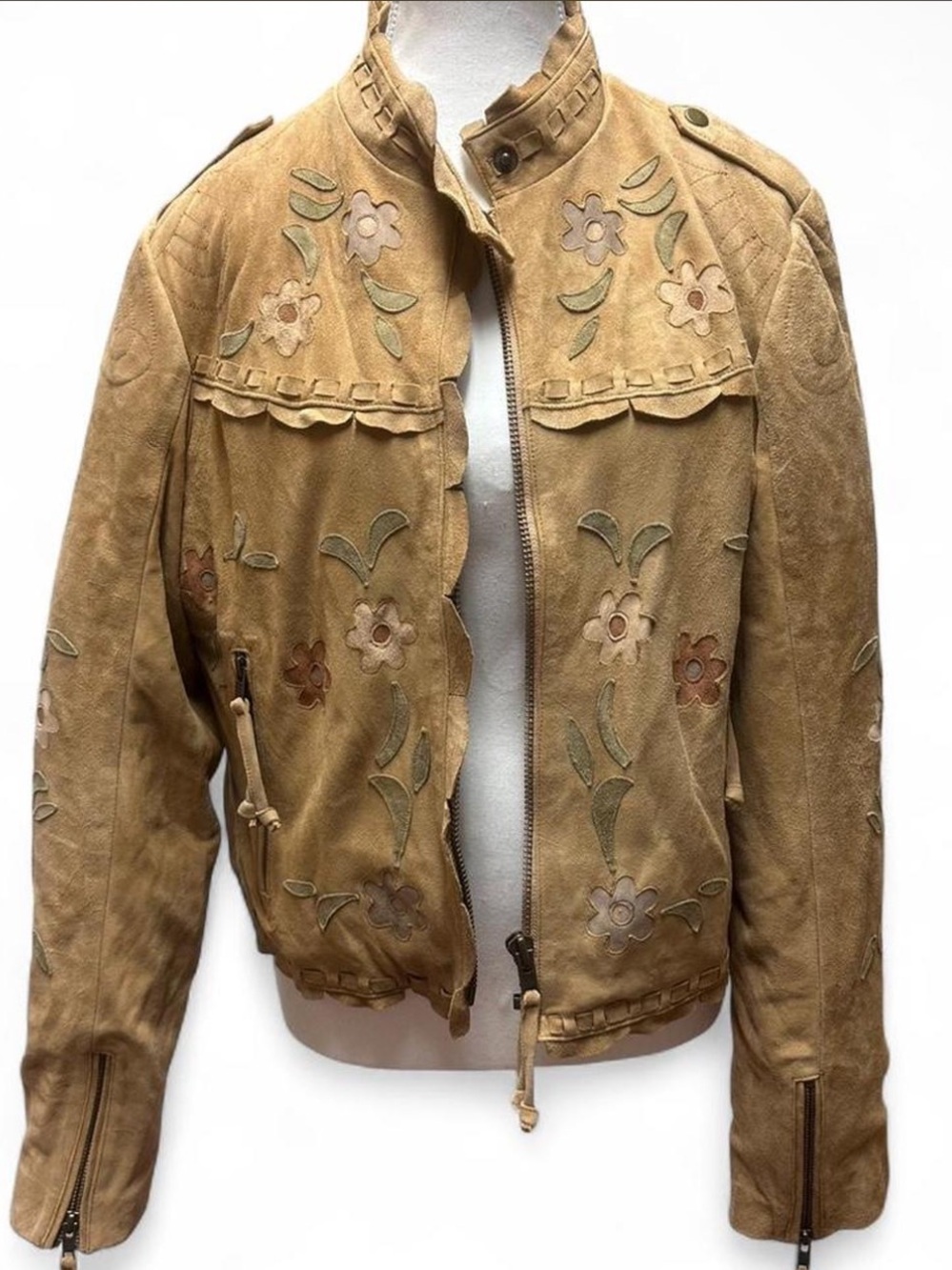 Free People Tan Suede Floral Appliqué Jacket